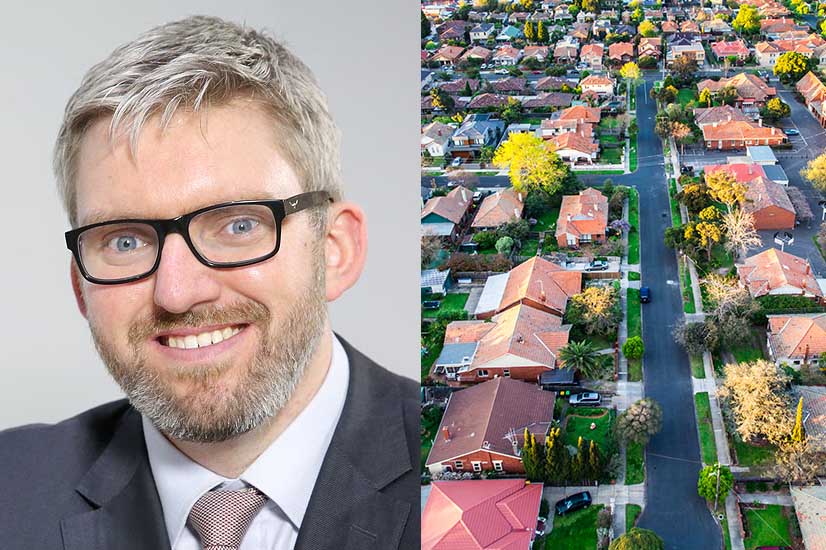 Cameron Kusher and aerial shot of suburbs